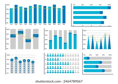 Vibrant graph and chart vector icons set for infographic or data visualization. Statistical analysis graphs design for data reports. Marketing, seo, research, strategy, business