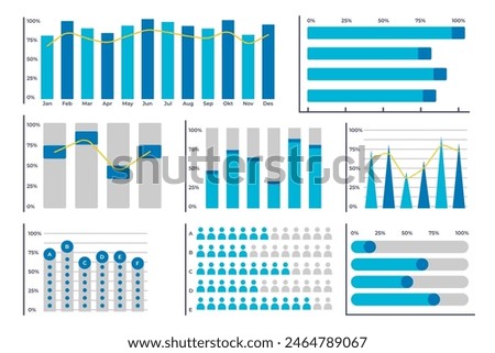 Vibrant graph and chart vector icons set for infographic or data visualization. Statistical analysis graphs design for data reports. Marketing, seo, research, strategy, business