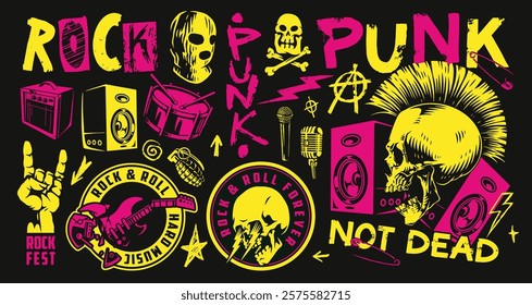 A vibrant graphic artwork features iconic symbols of rock and punk music including skulls microphones and amplifiers showcasing the energy of the genre in bold colors.