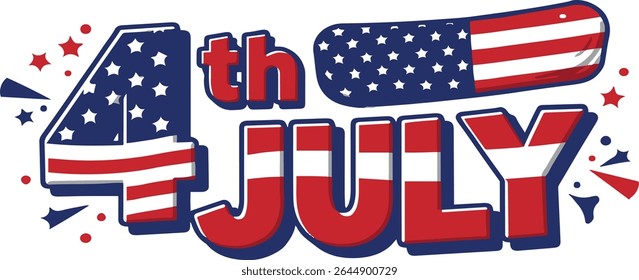 A vibrant graphic celebrating the 4th of July, featuring the numbers '4' and 'JULY' designed with the American flag. Perfect for Independence Day celebrations and digital use.