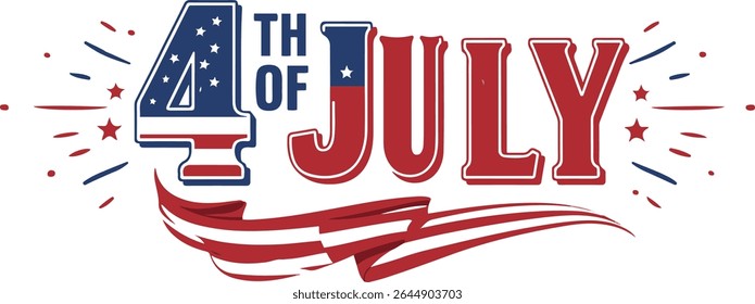 A vibrant graphic celebrating Independence Day, featuring the text '4th of July' styled with an American flag motif and firework bursts. Perfect for banners, cards, or social media.