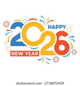 Diseño gráfico vibrante que presenta 2026 en números Grandes con fuegos artificiales y confeti, texto de feliz año nuevo en azul y rojo, aislado sobre fondo blanco