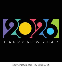 Diseño gráfico vibrante que presenta 2026 en números Grandes con fuegos artificiales y confeti, texto de feliz año nuevo en azul y rojo, blanco y negro, feliz año Nuevo.