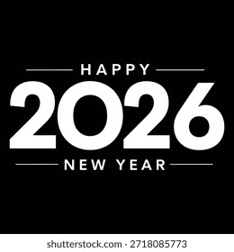 Vibrant graphic design featuring 2026 in large numbers with fireworks and confetti, happy new year text in blue and red, Black And White, Happy New Year.
