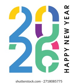 Diseño gráfico vibrante que presenta 2026 en números Grandes con fuegos artificiales y confeti, texto de feliz año nuevo en azul y rojo, blanco y negro, feliz año Nuevo.