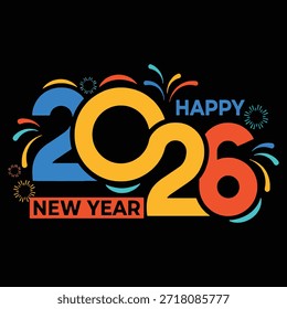 Diseño gráfico vibrante que presenta 2026 en números Grandes con fuegos artificiales y confeti, texto de feliz año nuevo en azul y rojo, blanco y negro, feliz año Nuevo.