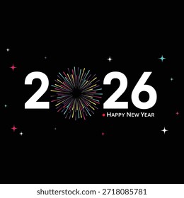 Diseño gráfico vibrante que presenta 2026 en números Grandes con fuegos artificiales y confeti, texto de feliz año nuevo en azul y rojo, blanco y negro, feliz año Nuevo.