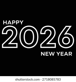 Diseño gráfico vibrante que presenta 2026 en números Grandes con fuegos artificiales y confeti, texto de feliz año nuevo en azul y rojo, blanco y negro, feliz año Nuevo.