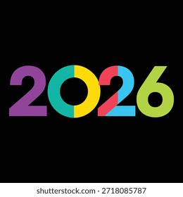 Diseño gráfico vibrante que presenta 2026 en números Grandes con fuegos artificiales y confeti, texto de feliz año nuevo en azul y rojo, blanco y negro, feliz año Nuevo.