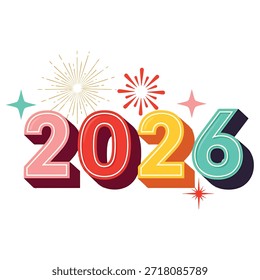 Diseño gráfico vibrante que presenta 2026 en números Grandes con fuegos artificiales y confeti, texto de feliz año nuevo en azul y rojo, blanco y negro, feliz año Nuevo.