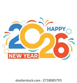 Diseño gráfico vibrante que presenta 2026 en números Grandes con fuegos artificiales y confeti, texto de feliz año nuevo en azul y rojo, blanco y negro, feliz año Nuevo.