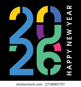 Diseño gráfico vibrante que presenta 2026 en números Grandes con fuegos artificiales y confeti, texto de feliz año nuevo en azul y rojo, blanco y negro, feliz año Nuevo.