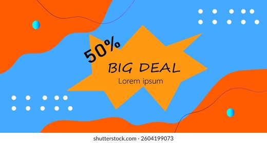 A vibrant graphic design featuring a 50% off offer on a bright yellow starburst against a light blue background.  The design includes abstract orange shapes, white dots, and thin squiggly lines.