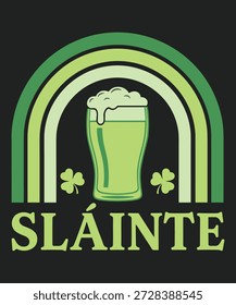 Ein lebendiges Grafikdesign mit einem Bierglas mit Shamrocks und einem Regenbogen, das die Feierlichkeiten zum St. Patrick's Day und die irische Kultur symbolisiert.