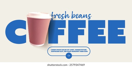 A vibrant graphic design featuring a coffee cup with the text 'fresh beans' and 'COFFEE' in bold letters. The background is light, enhancing the coffee theme.
