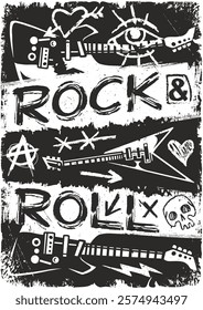 A vibrant graphic design featuring electric guitars and iconic rock symbols. The bold text charming illustrations and gritty style embody the spirit of rock music and culture.