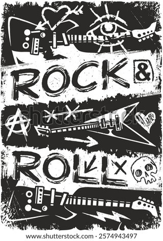 A vibrant graphic design featuring electric guitars and iconic rock symbols. The bold text charming illustrations and gritty style embody the spirit of rock music and culture.