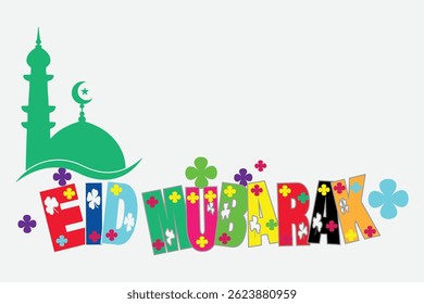 Vibrant graphic design featuring the phrase "Eid Mubarak" in a colorful, stylized font.