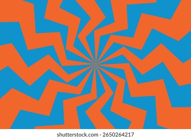 A vibrant graphic design featuring a repeating pattern of angular orange and teal shapes arranged in a radial, starburst-like design.