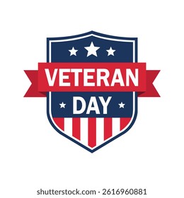 A vibrant graphic design featuring a shield-shaped emblem in the colors of the American flag.