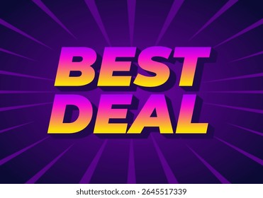 A vibrant graphic design featuring the text BEST DEAL in bold, stylized typography The background is a gradient of purple with dynamic rays emanating from the center
