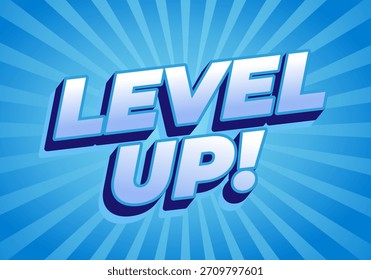 Un Diseño gráfico vibrante con el texto LEVEL UP! en estilo 3D en negrita sobre un fondo azul radial.
