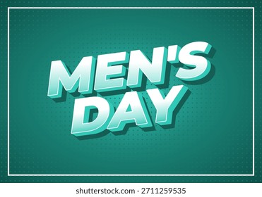 Um design gráfico vibrante com o texto Mens Day em negrito, letras 3D contra um fundo azul-petróleo com um padrão pontilhado.