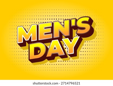 Un Diseño gráfico vibrante con el texto Mens Day en negritas, letras 3D con un fondo amarillo y un patrón de puntos.