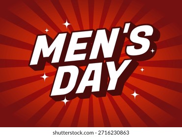 Un Diseño gráfico vibrante con el texto Mens Day en tipografía audaz y dinámica contra un fondo rojo con rayos de sol con acentos brillantes.