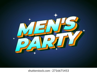 Un Diseño gráfico vibrante con el texto Mens Party en letras llamativas y coloridas sobre un fondo oscuro con estrellas.