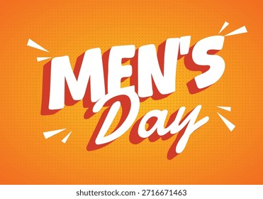 Un Diseño gráfico vibrante con el texto Mens Day en tipografía audaz y juguetona sobre un fondo naranja con Elementos decorativos.