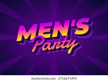A vibrant graphic design featuring the text Mens Party in bold, colorful typography against a purple background with radiating lines