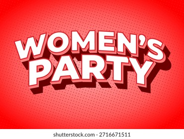 A vibrant graphic design featuring the text Womens Party in bold, playful typography. The background is a bright red with a dotted pattern, creating an energetic and festive atmosphere.