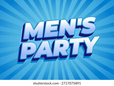 Un Diseño gráfico vibrante con el texto Mens Party en negrita, letras 3D contra un fondo radial azul