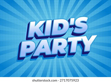 A vibrant graphic design featuring the text Kids Party in bold, playful typography against a blue radial background.