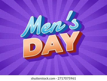 A vibrant graphic design featuring the text Mens Day in a playful font. The background has a radial burst pattern in purple with dotted accents.