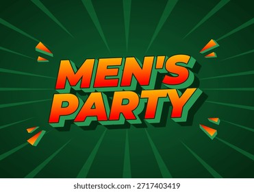 Un Diseño gráfico vibrante con el texto mens party en letras llamativas y coloridas con un fondo verde y rayos dinámicos que emanan del centro