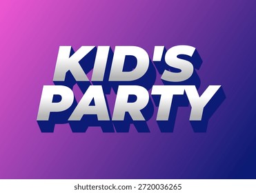 Um design gráfico vibrante com o texto Kids Party em negrito, estilo 3D contra um fundo roxo gradiente.