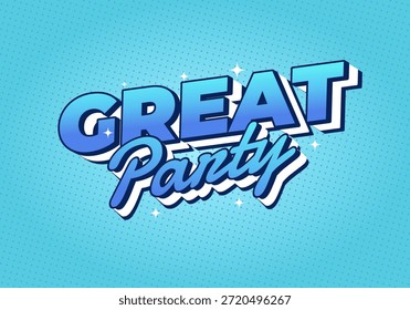 A vibrant graphic design featuring the text Great Party in bold, playful typography with a blue gradient and a dotted background