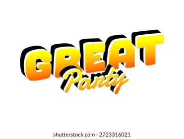 Un Diseño gráfico vibrante con el texto GREAT Party en tipografía atrevida y estilizada con un gradiente de colores naranja y amarillo.