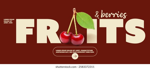 A vibrant graphic design featuring the word 'FRUITS' in large, bold letters, with ' berries' in a smaller font. Two cherries with green leaves are prominently displayed 