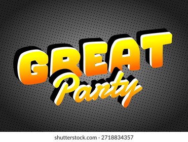 Un Diseño gráfico vibrante con las palabras Gran fiesta en tipografía atrevida y estilizada con un gradiente de amarillo a naranja sobre un fondo oscuro punteado.