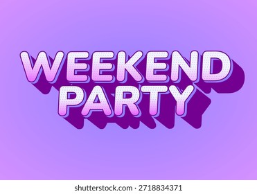 Un Diseño gráfico vibrante con las palabras Fiesta de fin de semana en una tipografía audaz y juguetona con un gradiente de colores púrpura y rosa, sobre un fondo púrpura claro.
