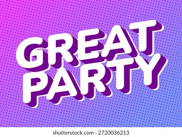 Un Diseño gráfico vibrante con las palabras Gran fiesta en tipografía 3D audaz. El fondo es un gradiente de rosa y púrpura con un patrón de puntos.