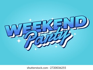 Um design gráfico vibrante com as palavras Weekend Party em negrito, tipografia estilizada com um esquema de cores azul e destaques brilhantes