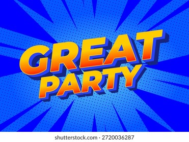 Un Diseño gráfico vibrante con las palabras Gran fiesta en tipografía 3D en negrita contra un fondo azul brillante con líneas radiales.