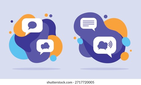 Design gráfico vibrante que mostra o diálogo digital global, a computação em nuvem e a conectividade de mídias sociais