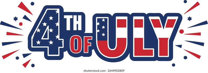 A vibrant graphic displaying '4th of July' in bold, stylized text incorporating the American flag's colors. Small firework bursts flank the text, enhancing the celebratory feel.