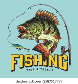 A vibrant graphic displays a large fish jumping from water showcasing its scales and fins. Fishing gear is illustrated emphasizing the excitement of the catch.