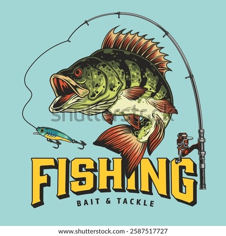 A vibrant graphic displays a large fish jumping from water showcasing its scales and fins. Fishing gear is illustrated emphasizing the excitement of the catch.